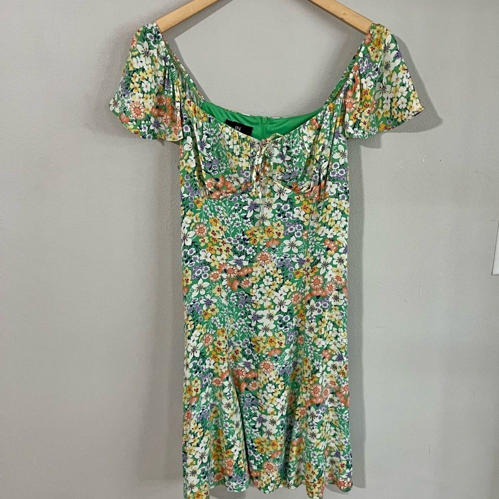 I.N San Francisco Green Floral Milkmaid Dress Cottagecore Mini Size M